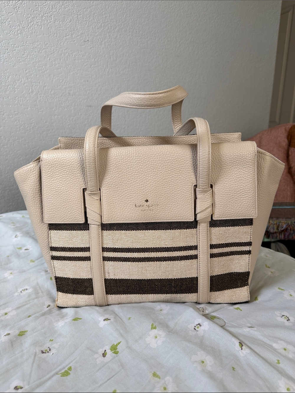Kate Spade stiped canvas leather beige black striped tote bag